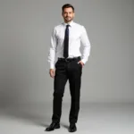 Man in black pants and white shirt for a formal look