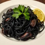 A plated dish of pasta alla seppia nera