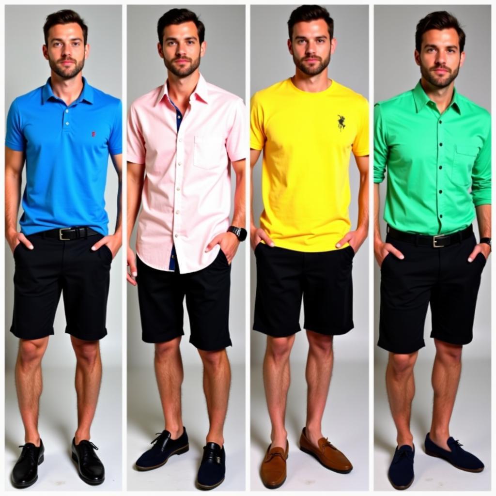 Men wearing black shorts with various colorful shirts