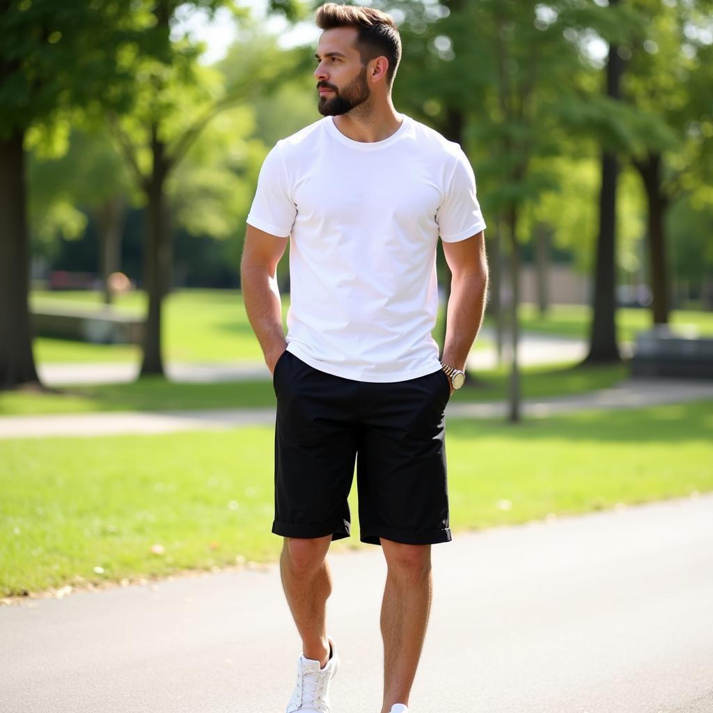 Men wearing black shorts and a white shirt