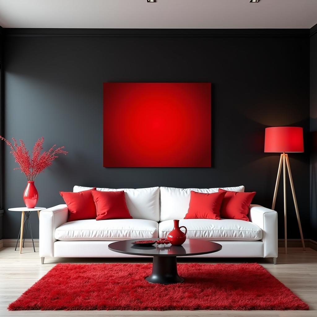 Black and white living room with red accents