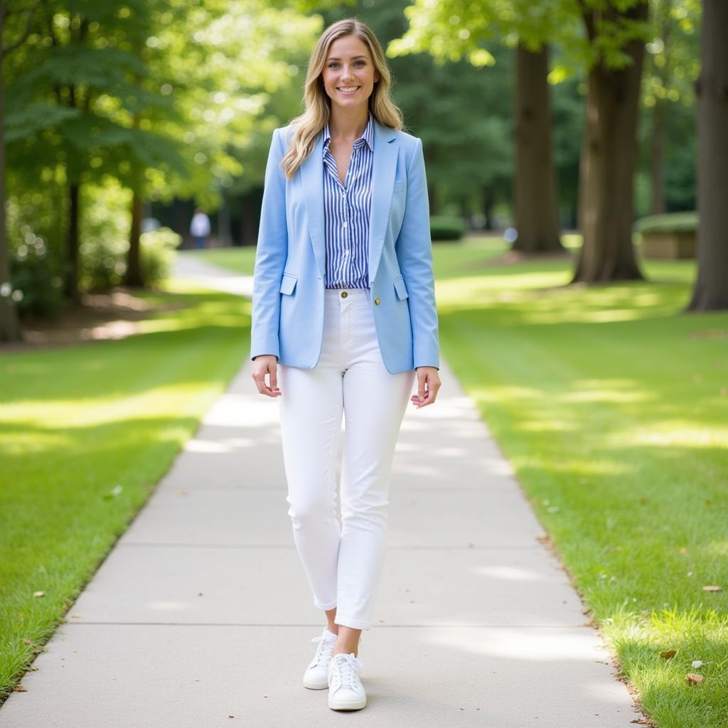 Blue Blazer and White Pants for a Summery Style