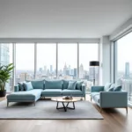 Blue couch with a gray rug in a modern living room