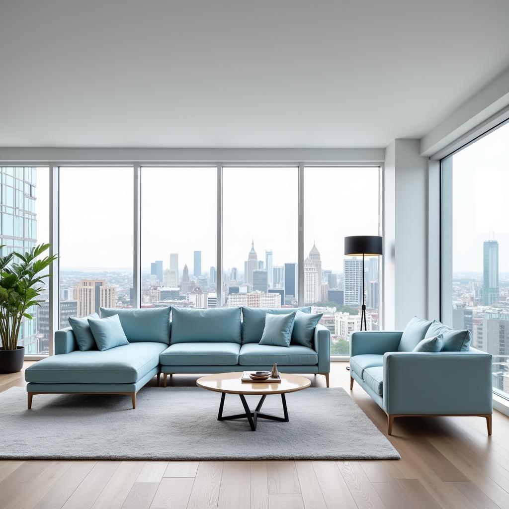 Blue couch with a gray rug in a modern living room