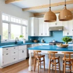 Blue Countertops with White Cabinets in a Coastal Kitchen