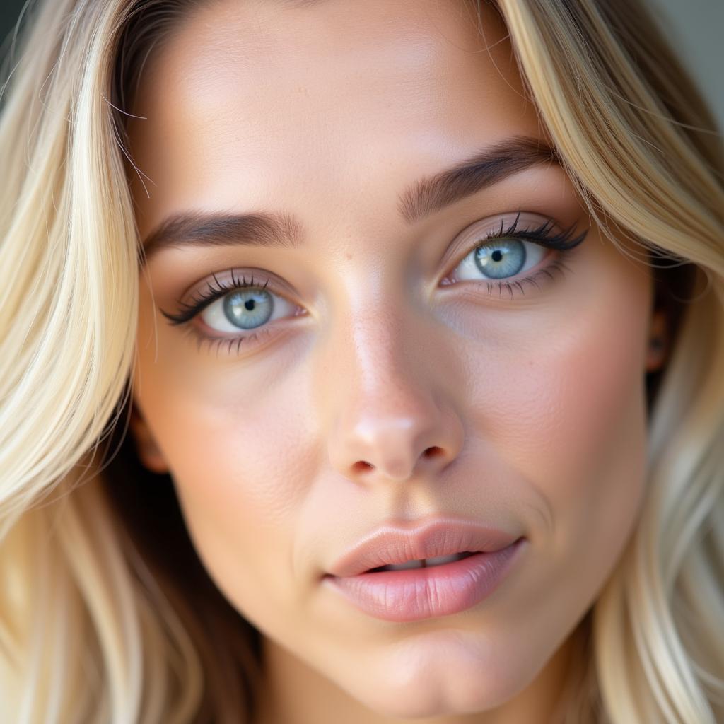 Woman with blue eyes and blonde hair wearing brown eyeliner