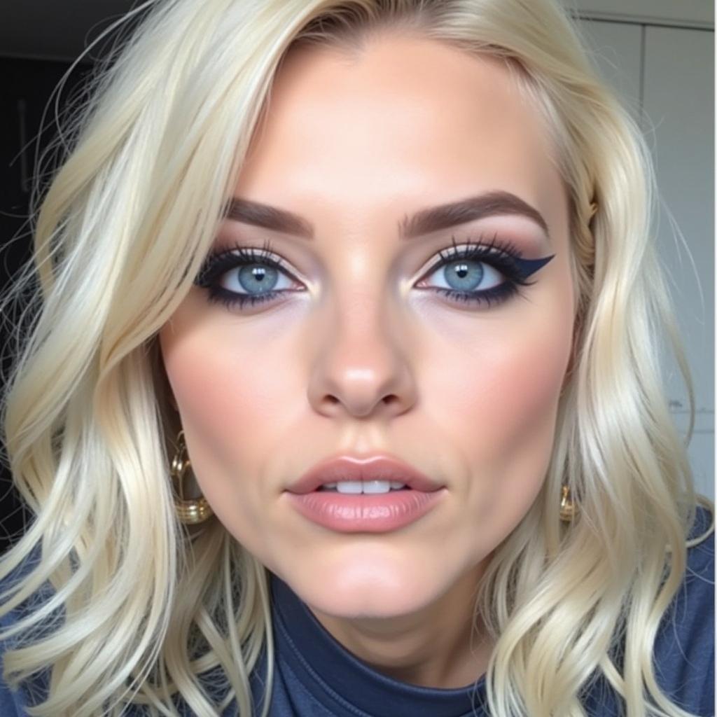 Woman with blue eyes and blonde hair wearing navy eyeliner