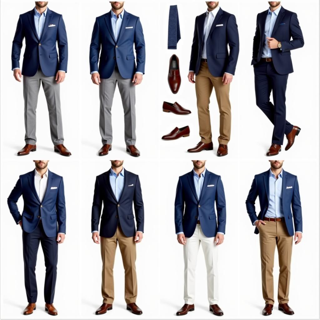 Different blue sport coat, pant, and shoe combinations