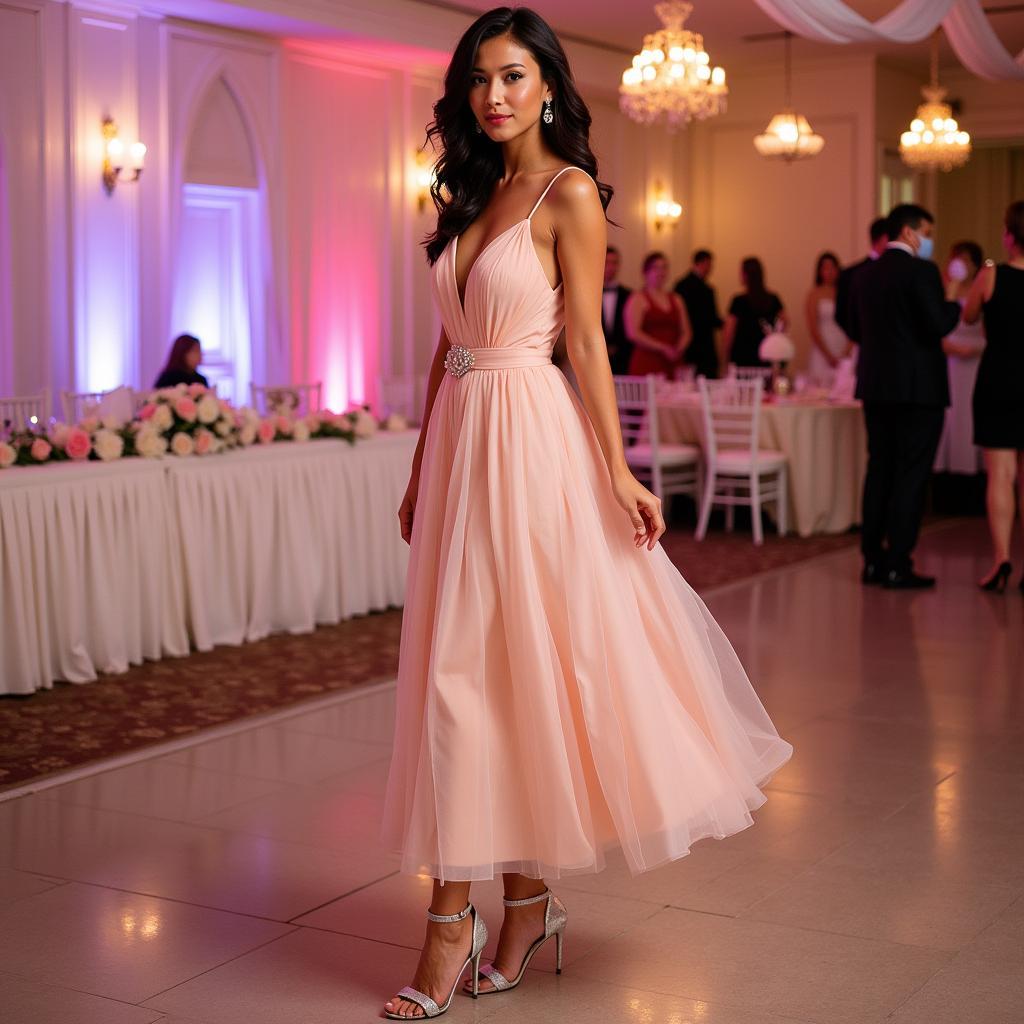 Blush dress with silver heels for a wedding