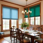 Bold colored blinds with oak trim: blue, green, gold