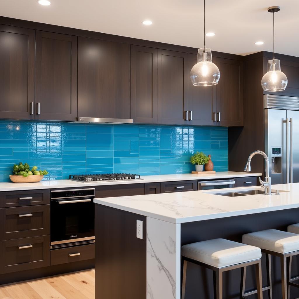 Brown Cabinets with Blue Backsplash Modern Kitchen