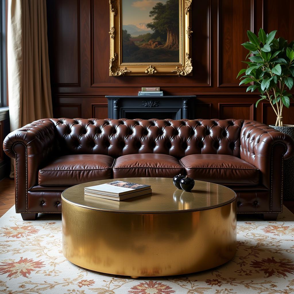 Brown Leather Couch with Metal Coffee Table