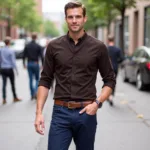 Brown Shirt with Navy Blue Pants: Smart Casual Style