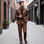 Brown Suit with Burgundy Shoes for a Stylish Combination