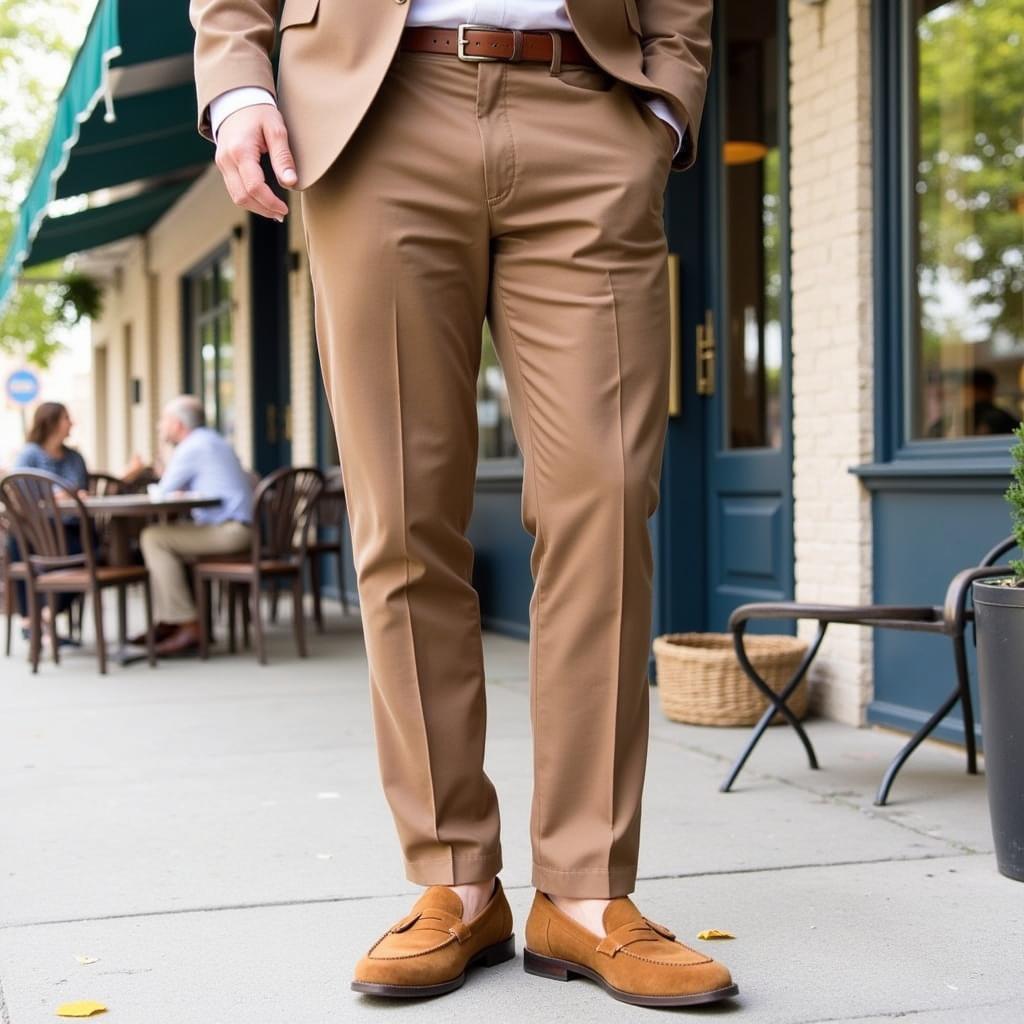 Tan shoes paired with a light brown suit for a casual and stylish look.