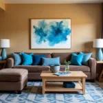 Brown and Tan Living Room with Blue Accents