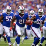 Buffalo Bills players wearing their royal blue jerseys in a game.