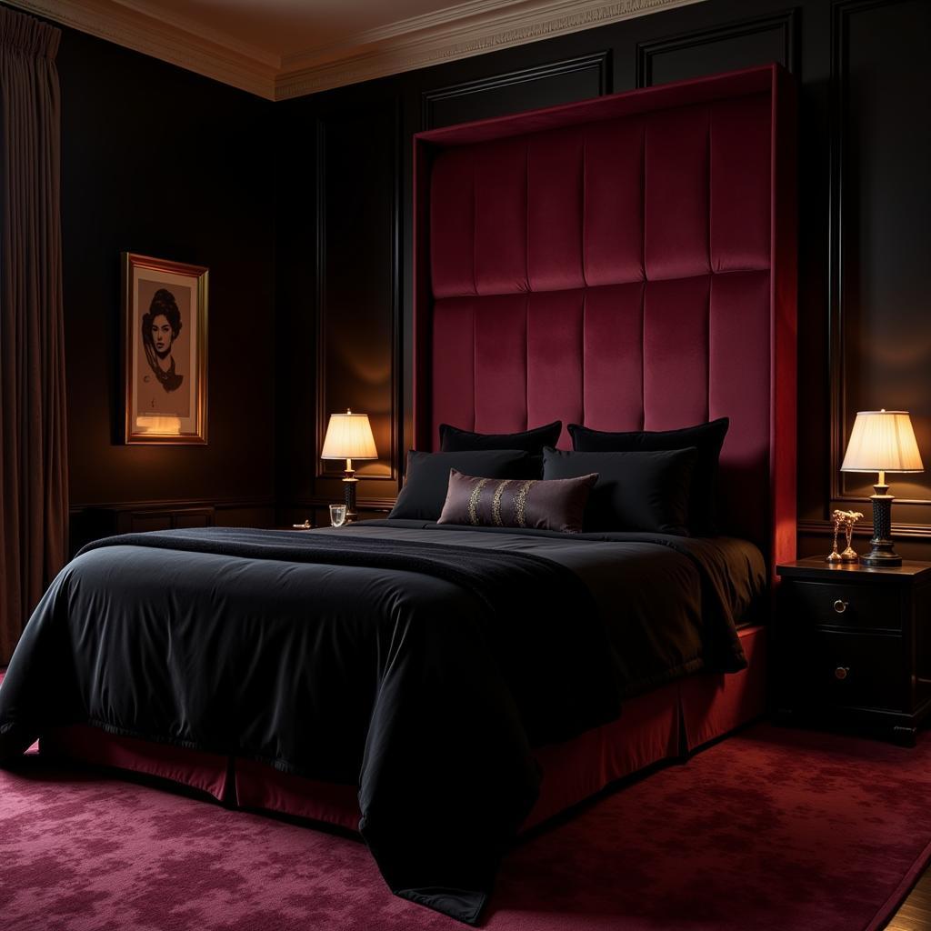 Luxurious Bedroom with Burgundy and Black Accents