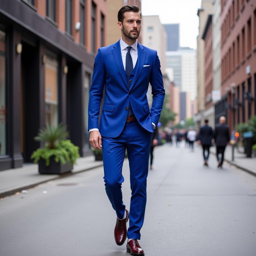 Burgundy and Oxblood Shoes with a Royal Blue Suit