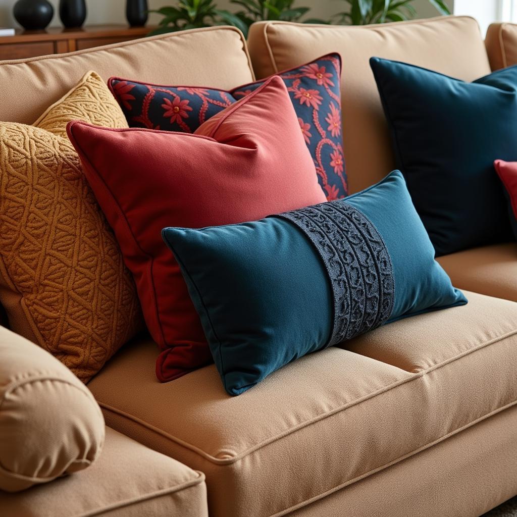 Camel colored sofa with jewel-toned pillows