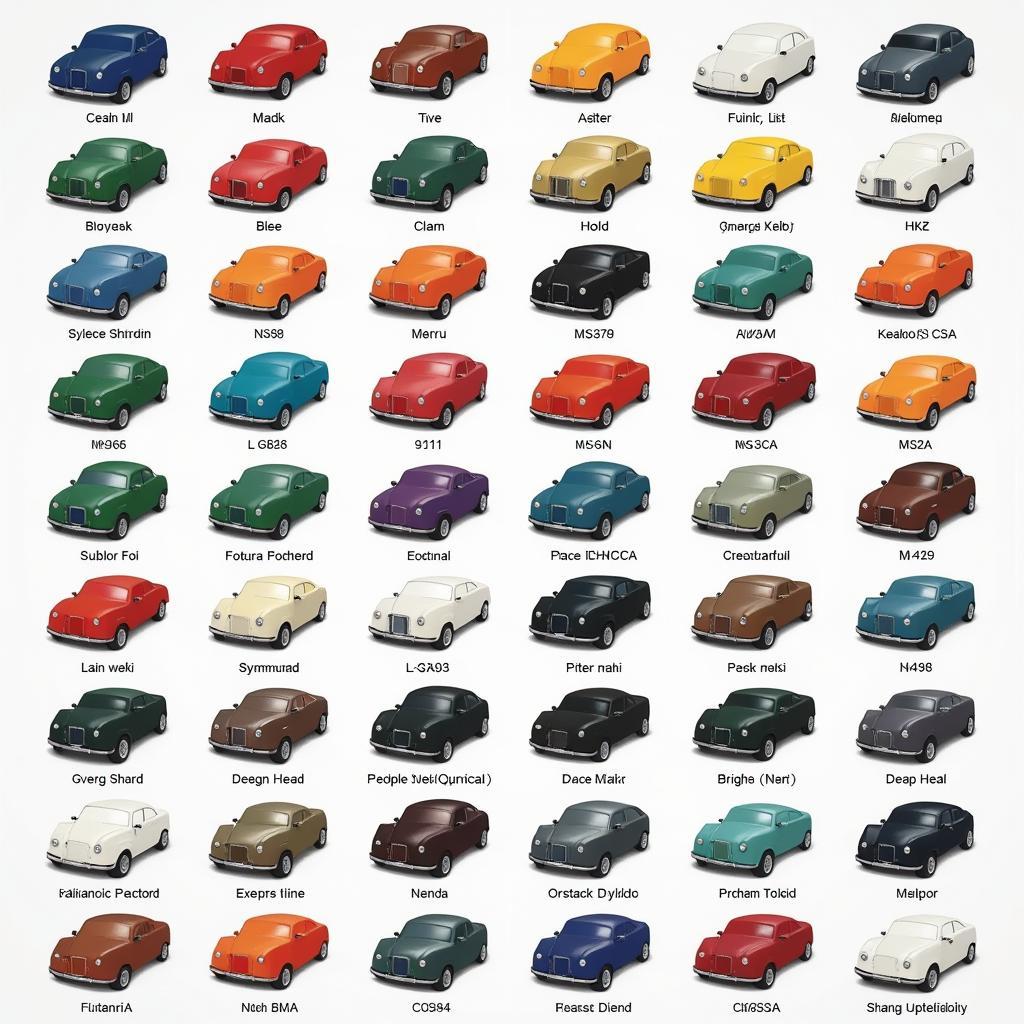 Car paint color chart showing various shades and hues.