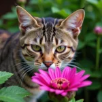 A cat gazing intently at a bright pink flower