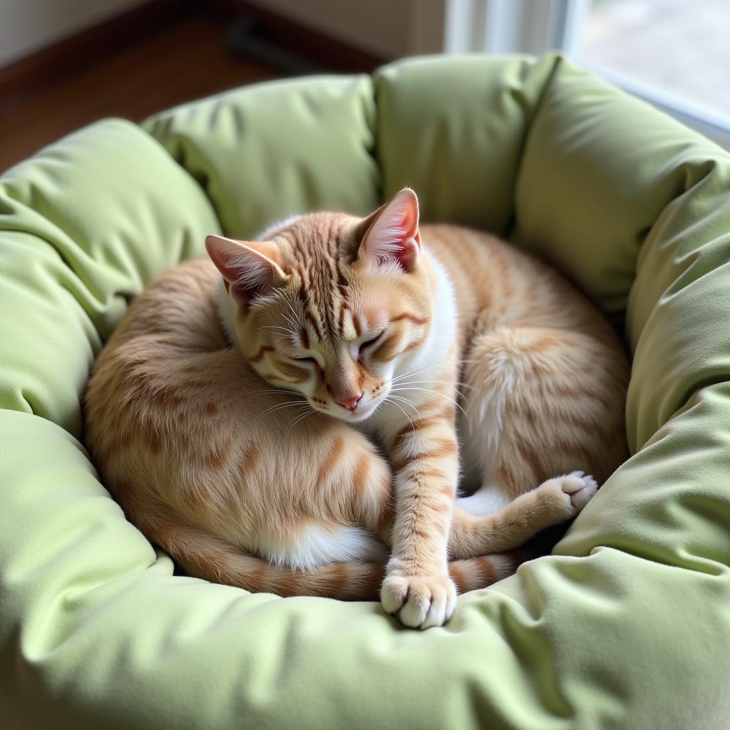 Cat Sleeping in a Green Bed