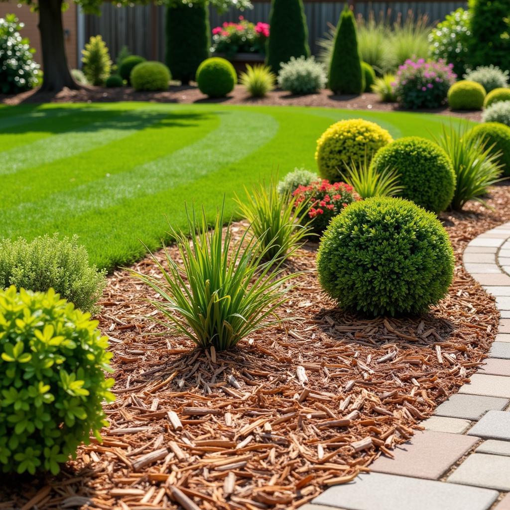 Cedar mulch applied around plants in a garden setting