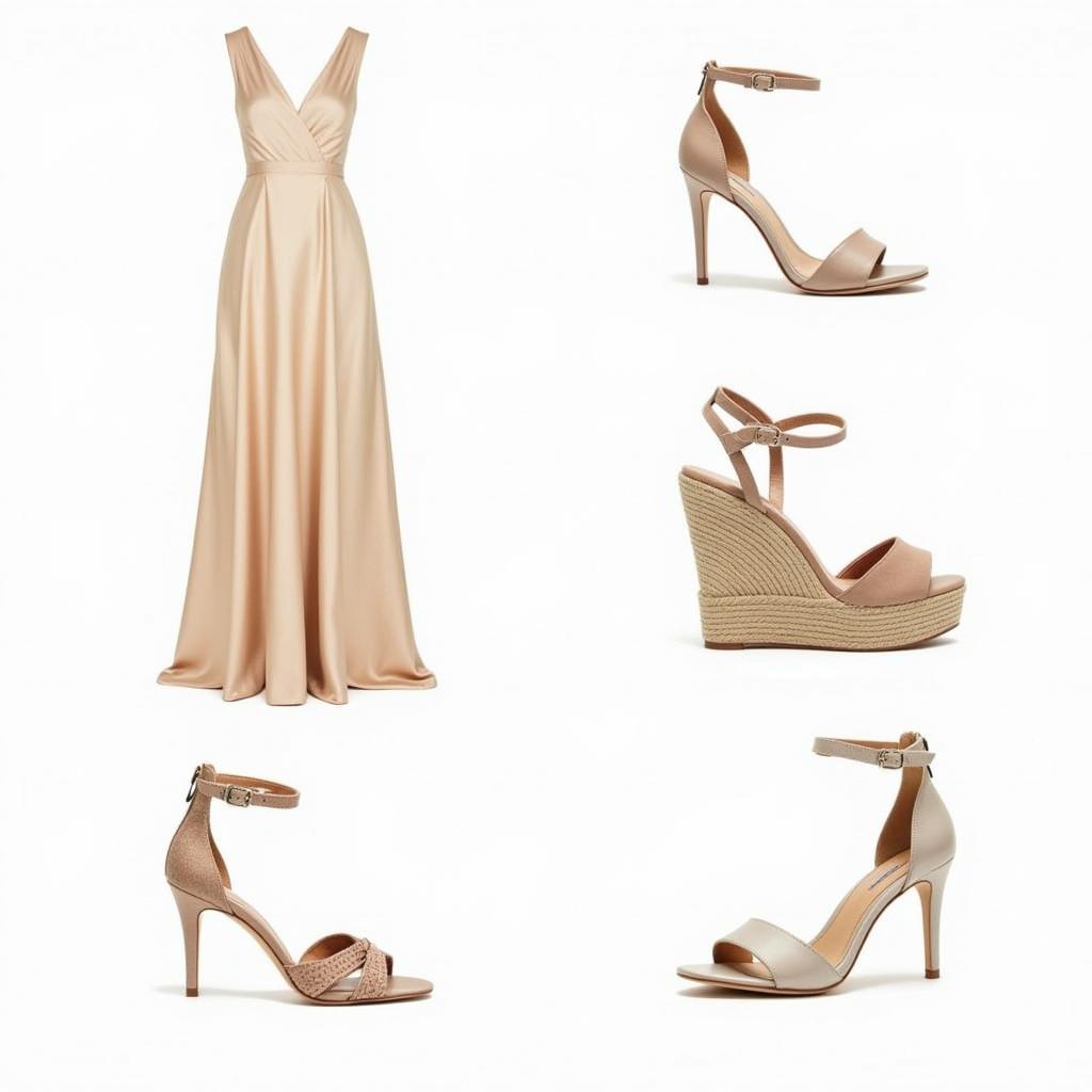 Different shoe styles paired with a champagne dress for various occasions