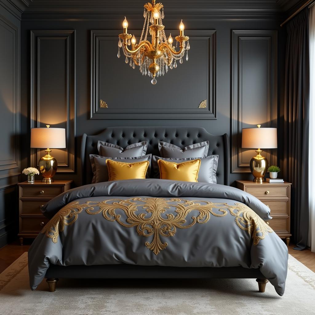 Charcoal gray and gold bedroom design