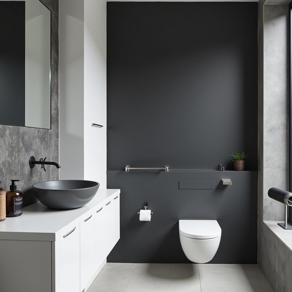 A modern bathroom with charcoal gray walls and white accents