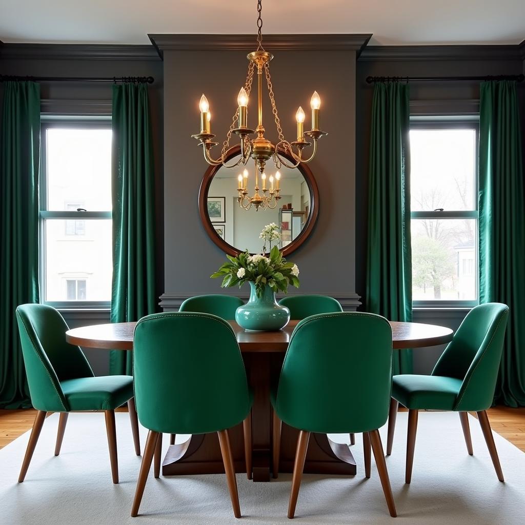 A dining room with charcoal gray walls and emerald green accents