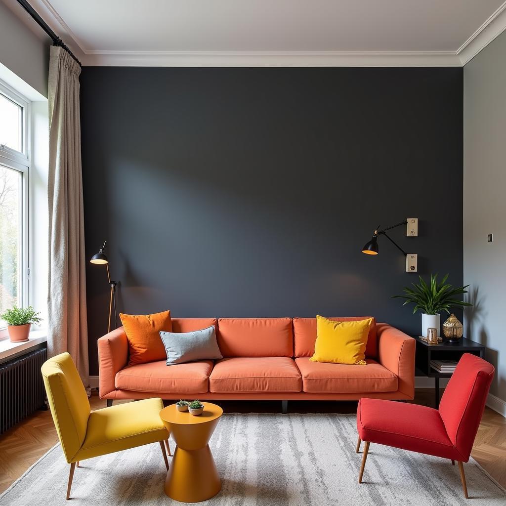 Charcoal gray accent wall in a modern living room with colorful accents