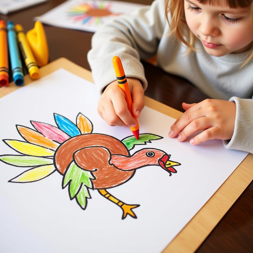 Child Coloring a Turkey Drawing