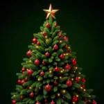 Christmas tree decorated with traditional red and green ornaments.