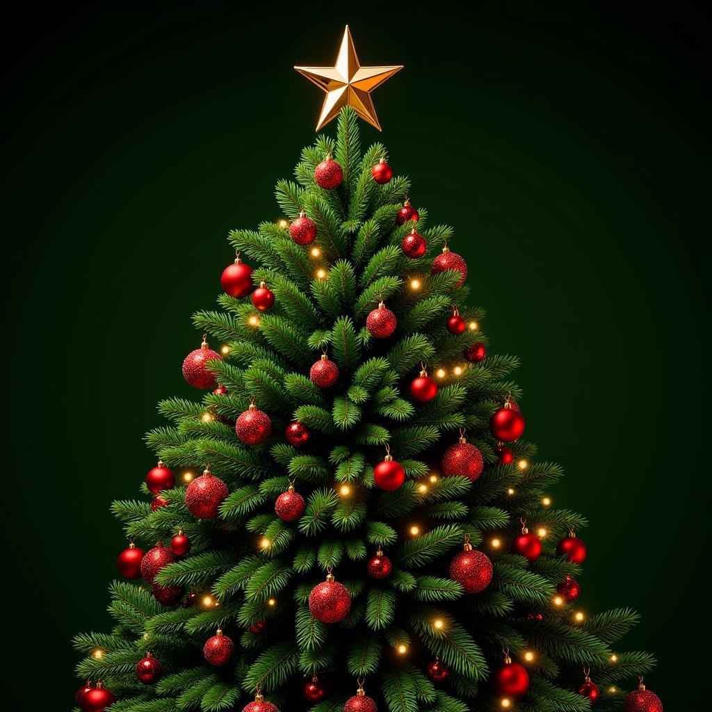 Christmas tree decorated with traditional red and green ornaments.