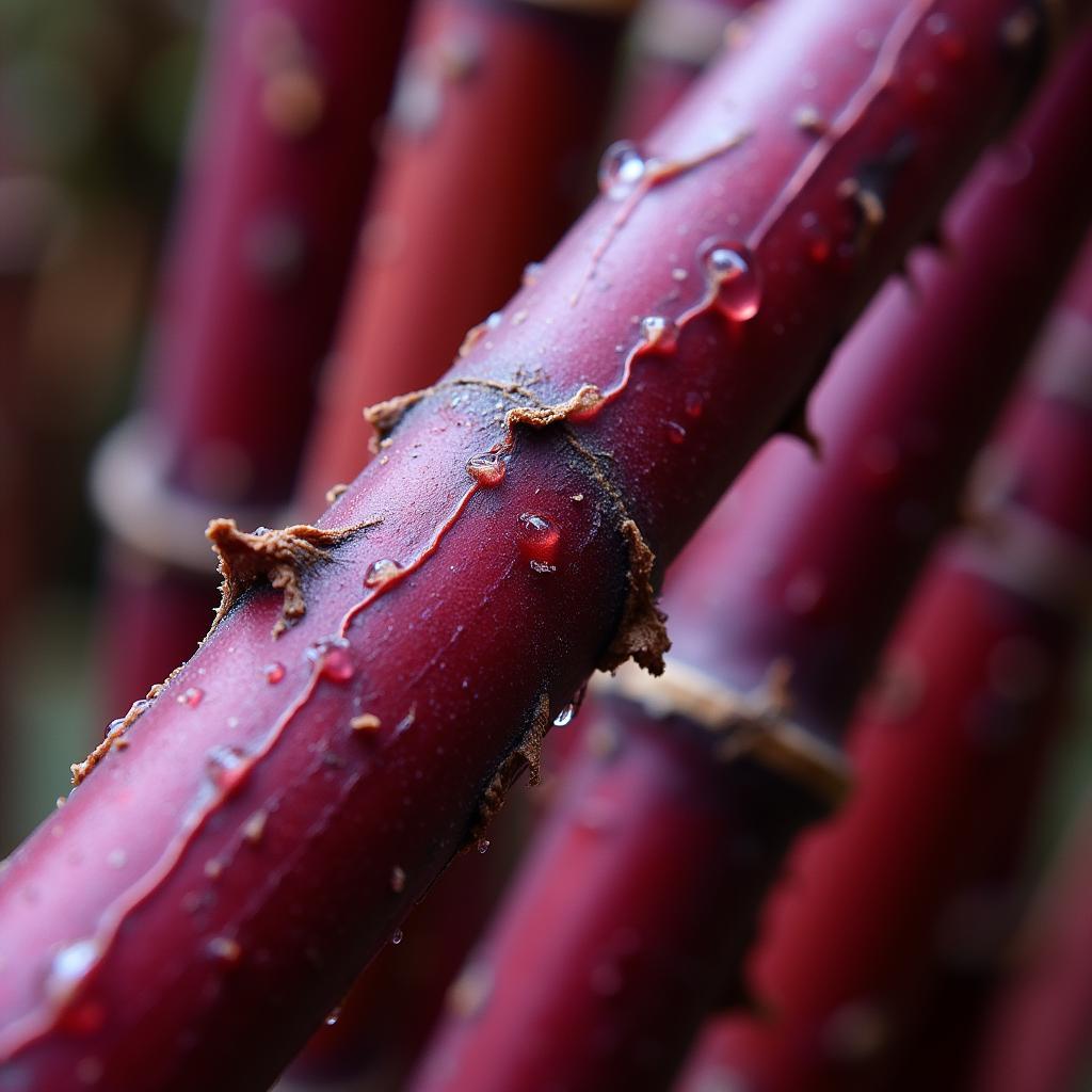 Close-up of a sugar cane stalk, reddish-purple in color.