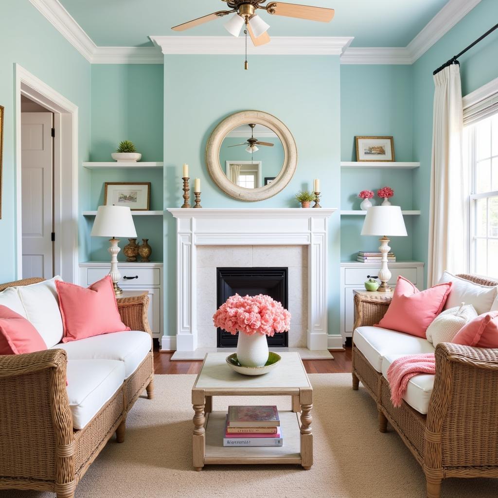 Coastal Living Room with Light Blue Walls and White Accents