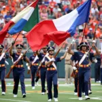 Color Guard Performance with Flags and Rifles