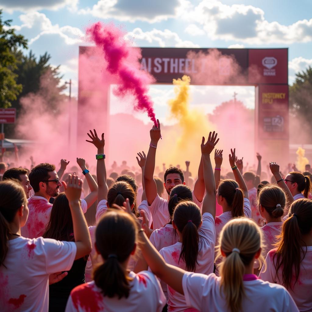 Participants celebrating at the finish line of a color run with a final color toss