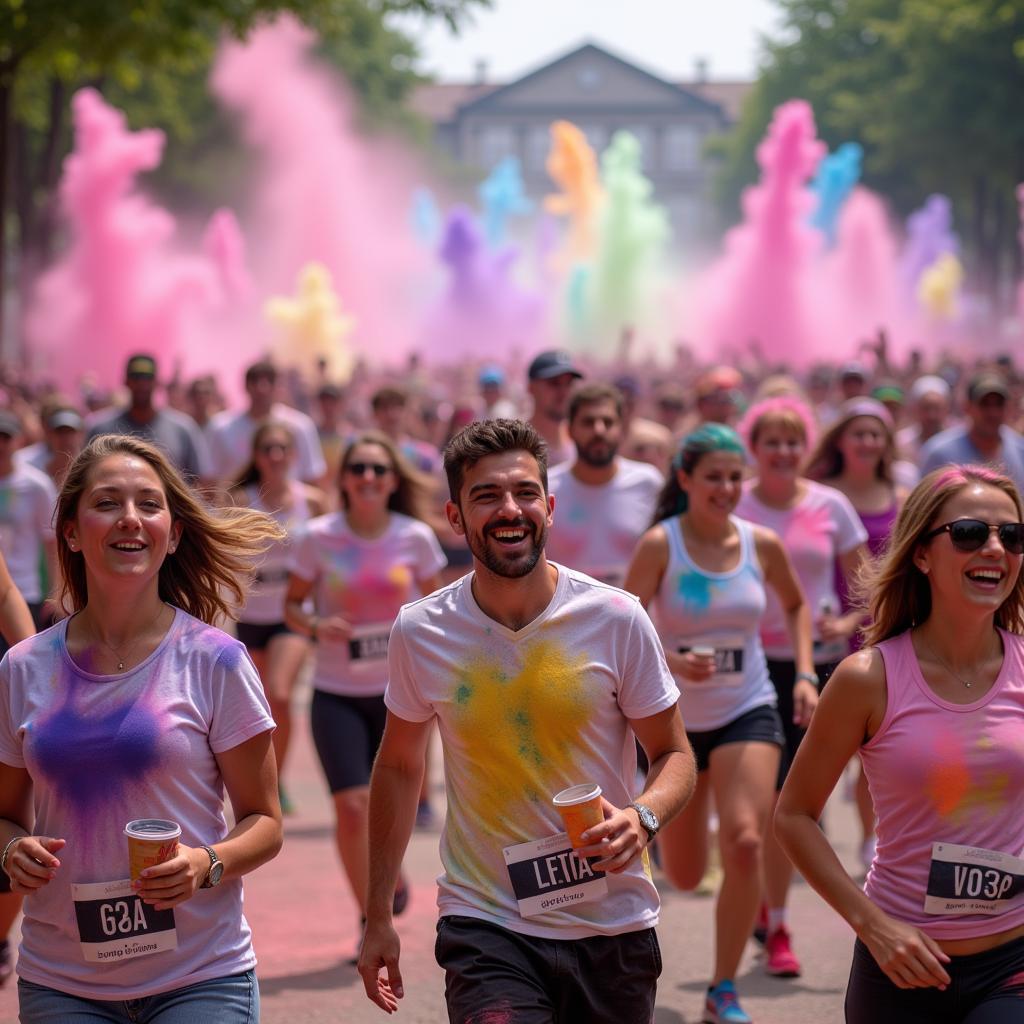 Participants covered in vibrant colored powder during a color run