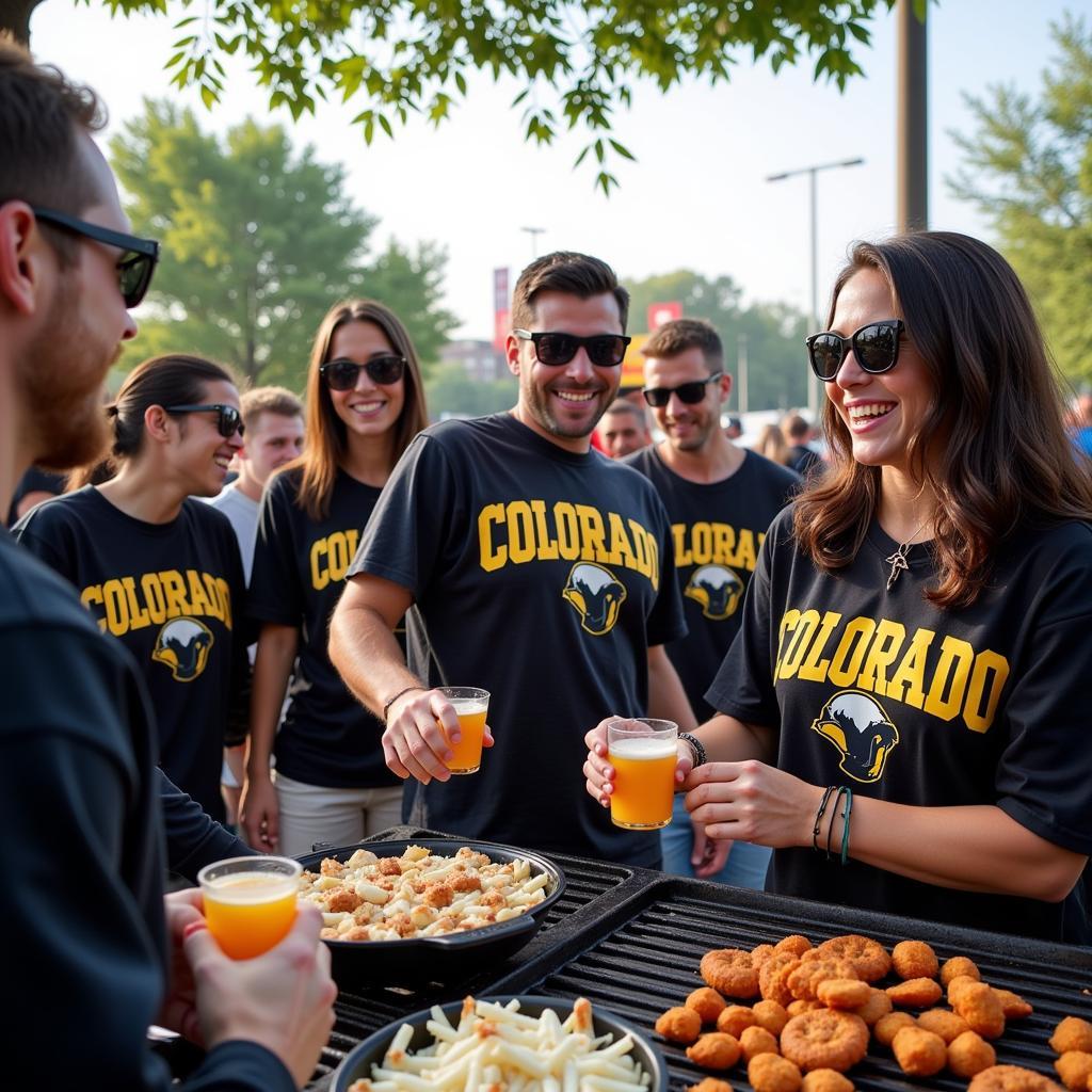 A group of Colorado Buffaloes fans tailgating before a game, wearing team colors and enjoying food and drinks.