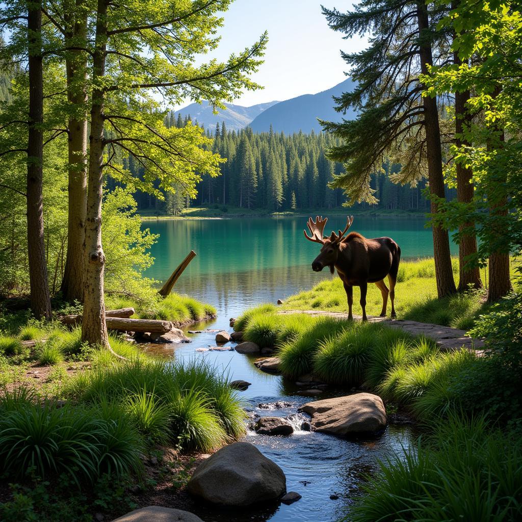 Colorado Moose Habitat - Lush Green Forest with a Lake