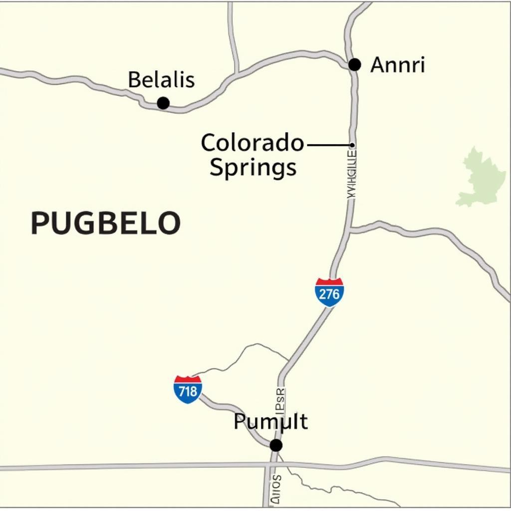 Map showing the route from Colorado Springs to Pueblo, Colorado