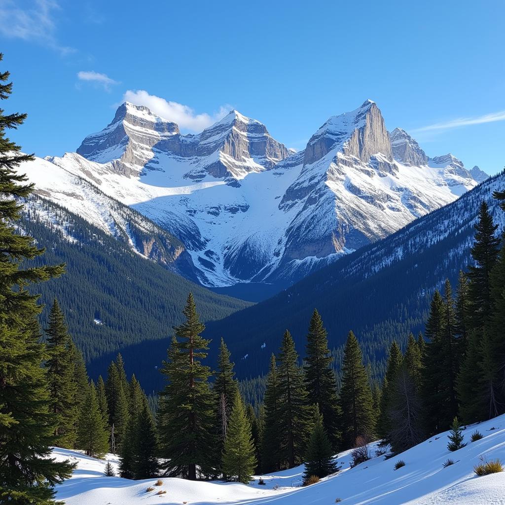 Colorado Winter Mountain Scenery: Snow-capped peaks, pine forests, and clear blue skies.