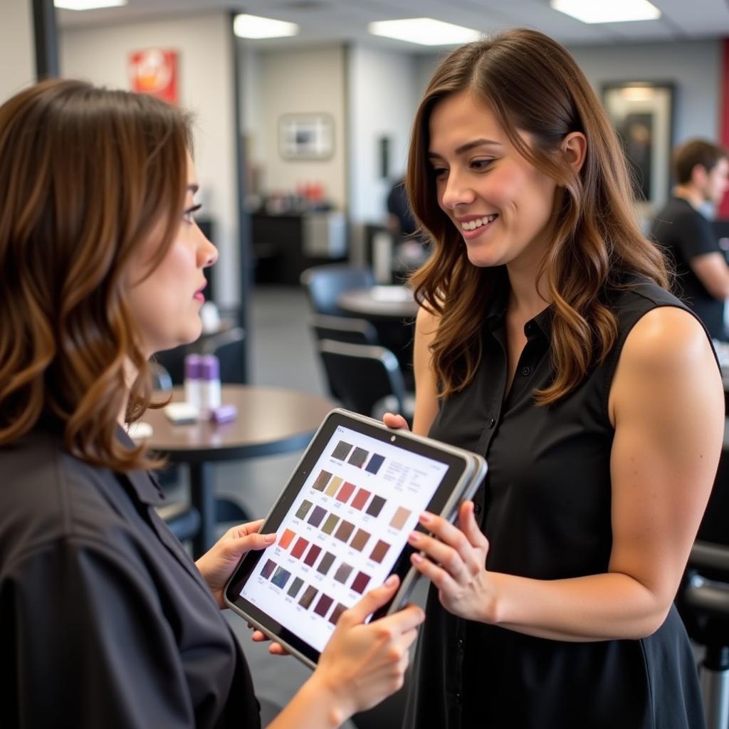 Consultation at Great Clips: A stylist consulting with a client about hair color options.