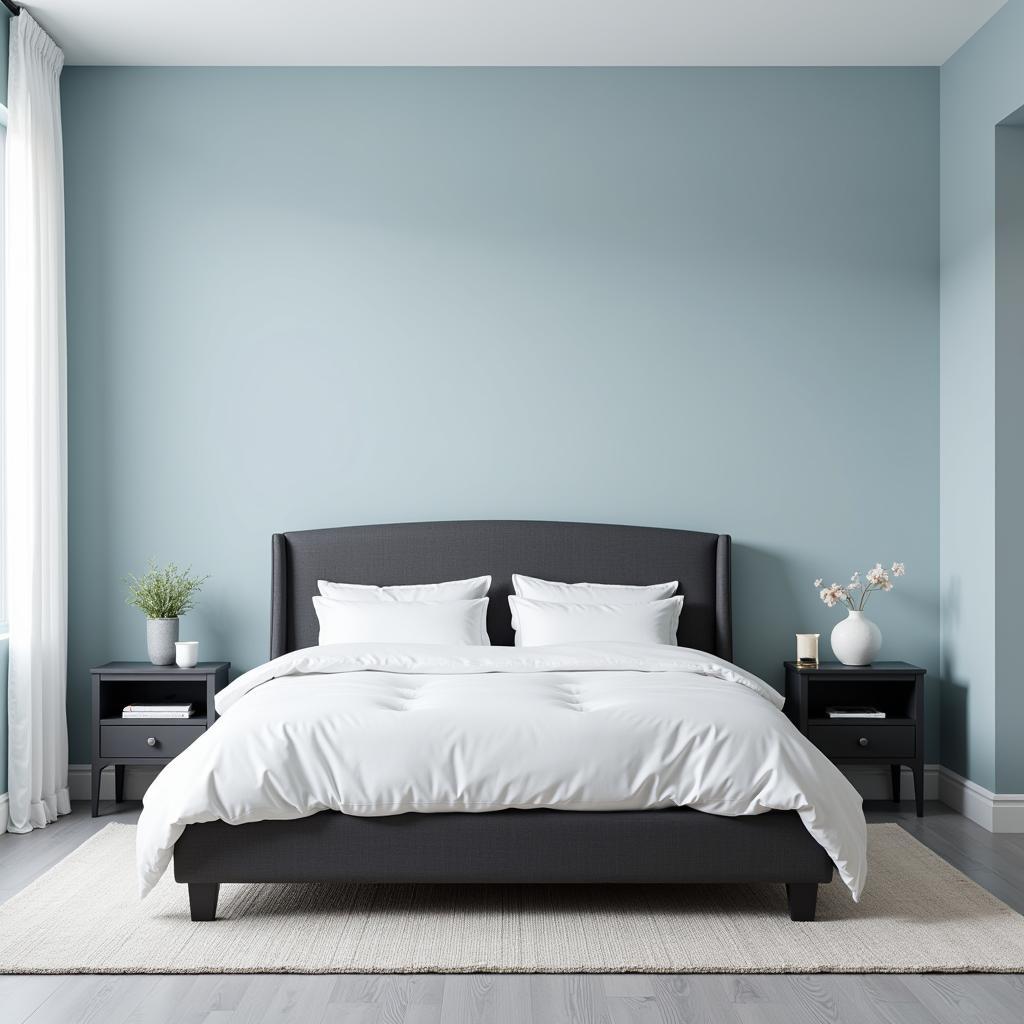 Cool gray bedroom with blue walls