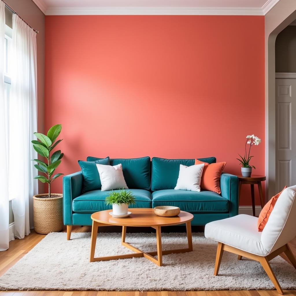 Coral color palette in a living room setting