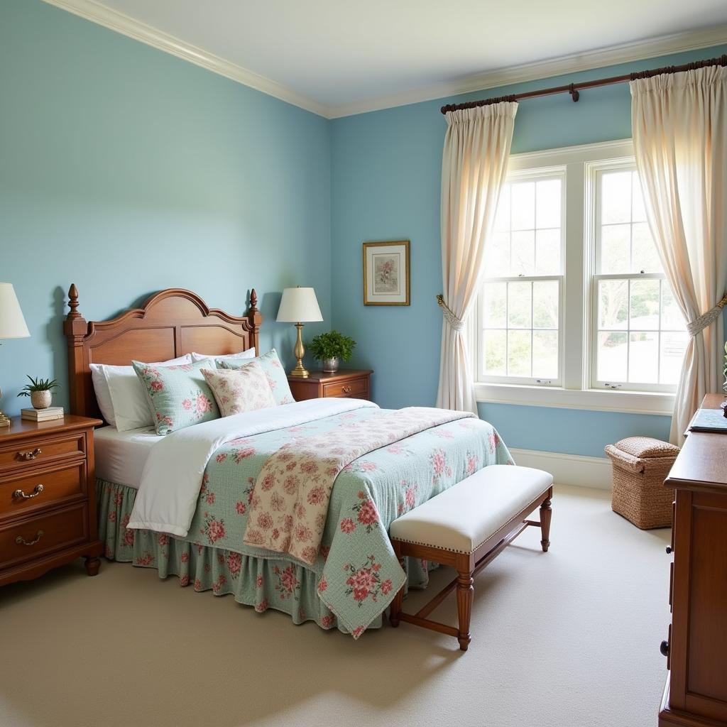 Country Style Bedroom with Light Blue Walls and Floral Patterns