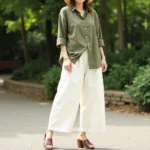 Cream Pants and Earth Tones: A person wearing cream pants styled with an olive green linen shirt and brown leather sandals.